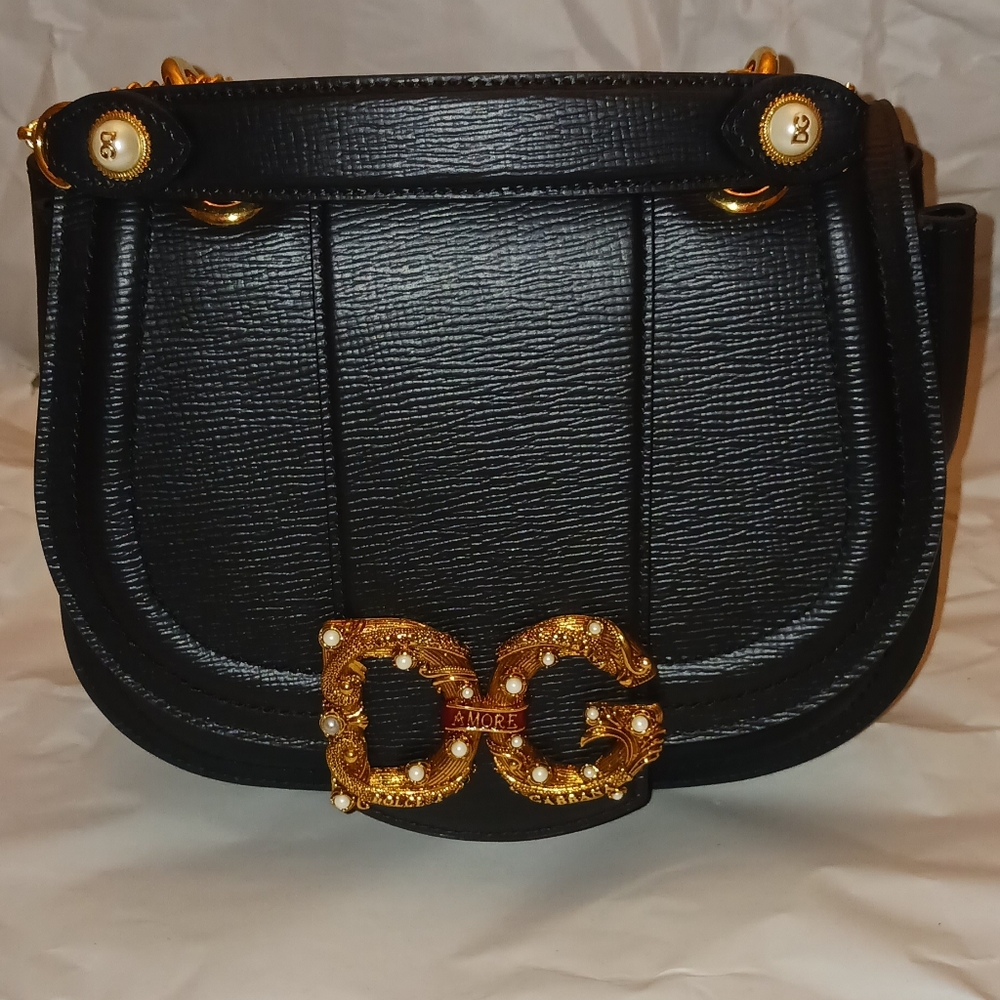 Brand New, Dolce & Gabbana Dg Amore Leather Shoulder Bag Women's Black